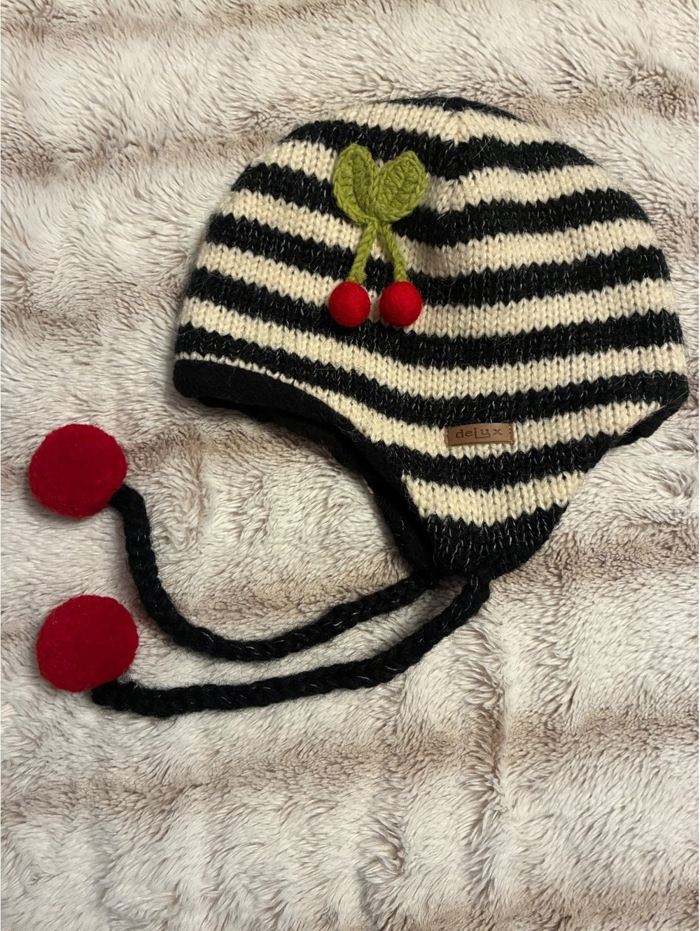 DeLux striped cherry wool Ear Flap beanie